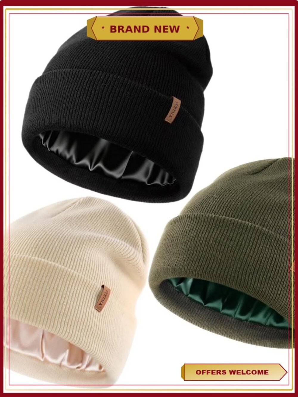 Women Winter Warm Satin Lined Beanie Hats Silk Lining Unisex Knit Slouchy Caps